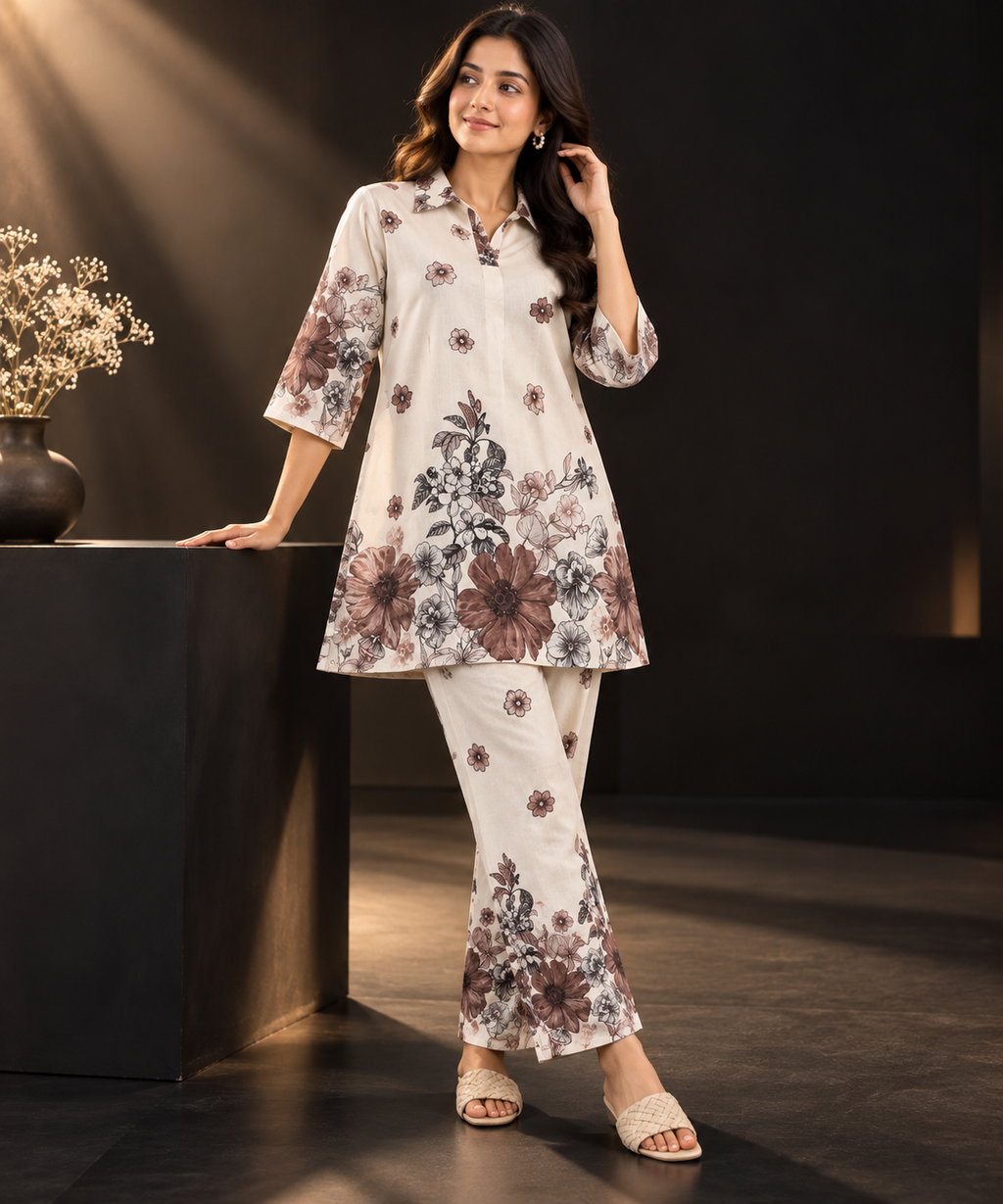 Cream Floral Printed Linen Cotton Co-Ord Set for Women