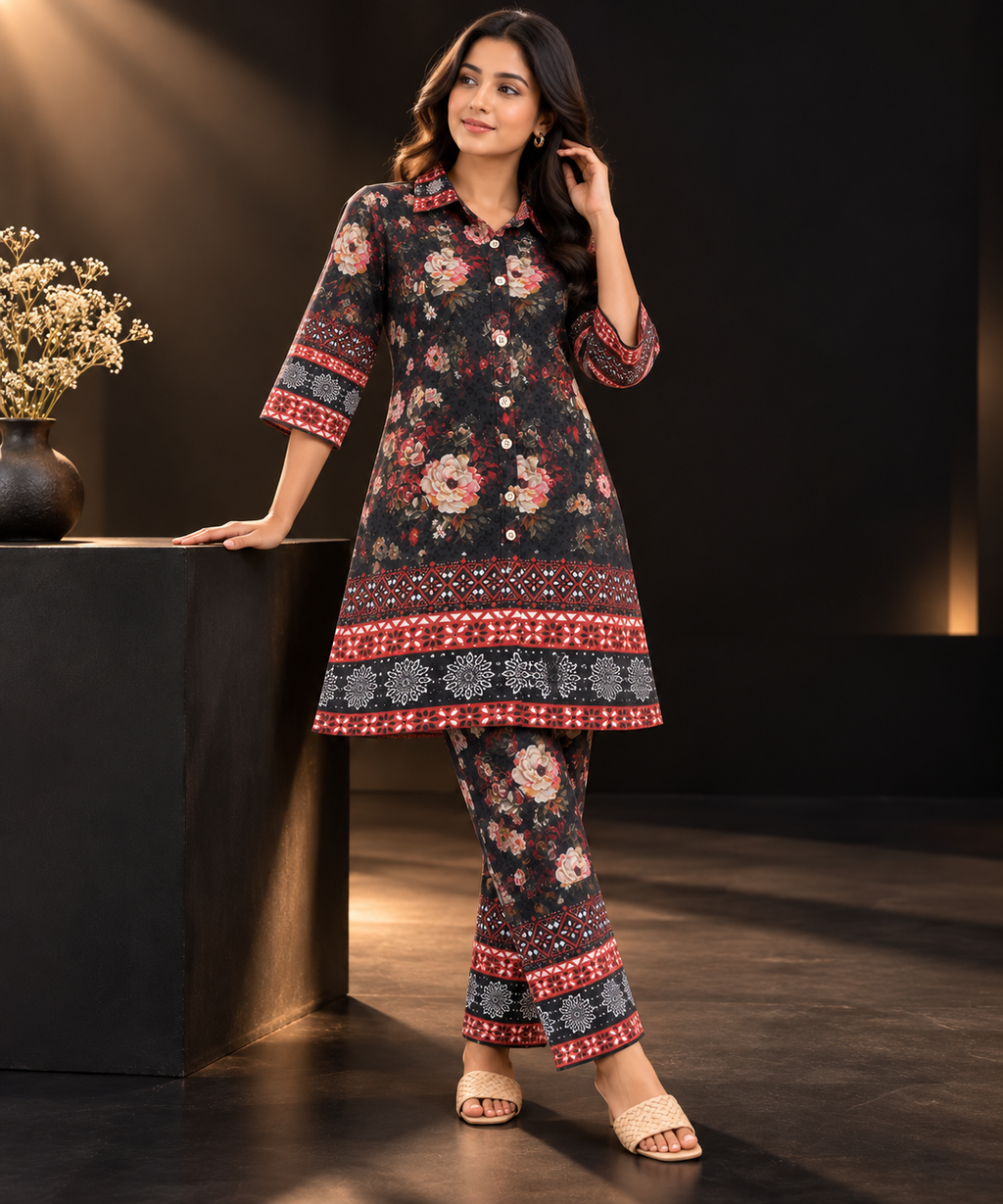 Black Floral Cotton Embroidered Kurti Set with Hakoba Detailing