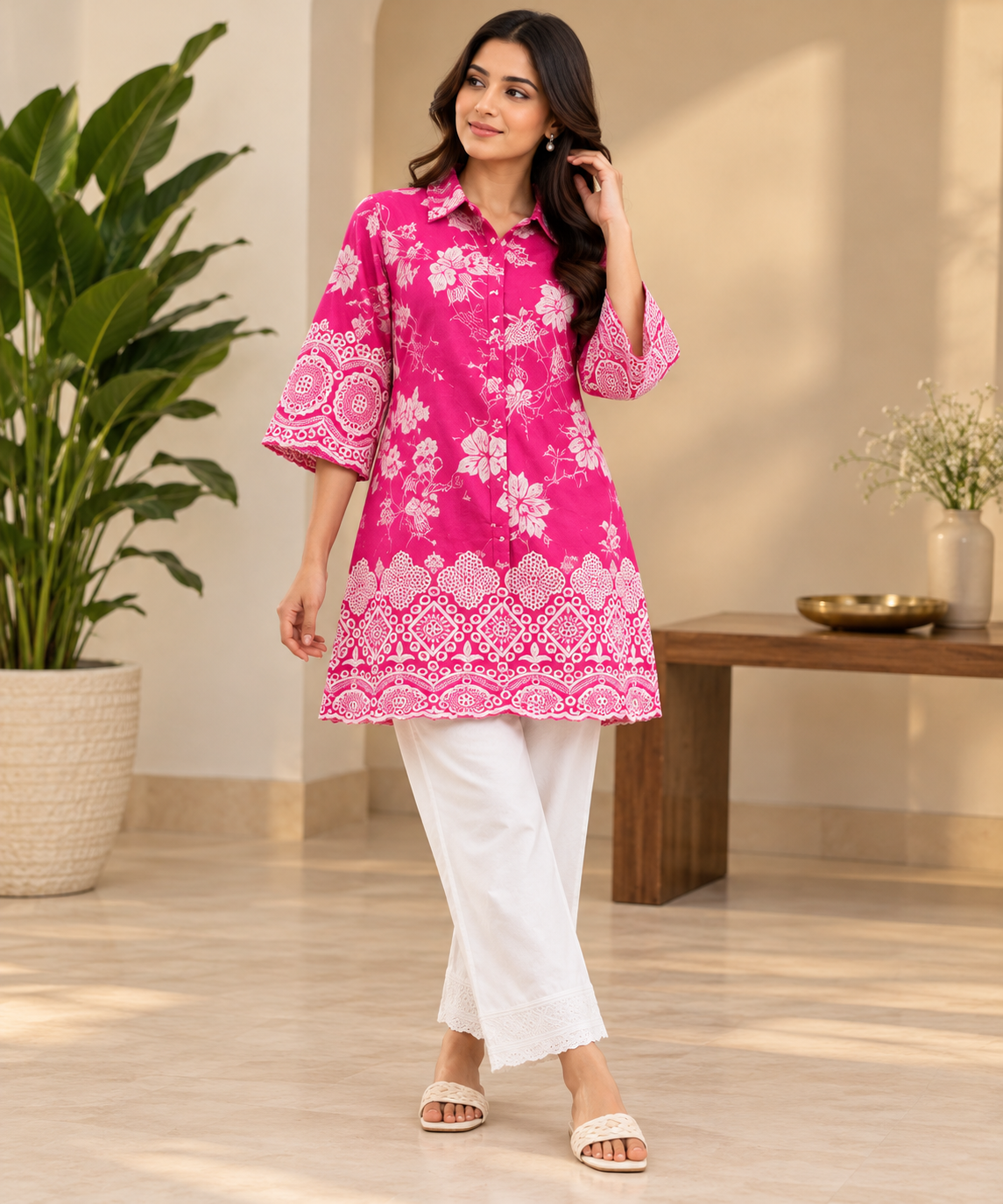 Pink Floral Muslin Co-Ord Set with Hakoba Work for Women