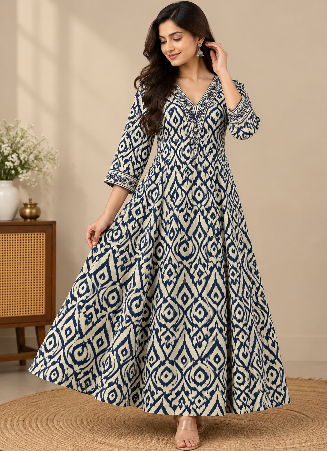 Navy Blue & Cream Printed Rayon Kurti for Women