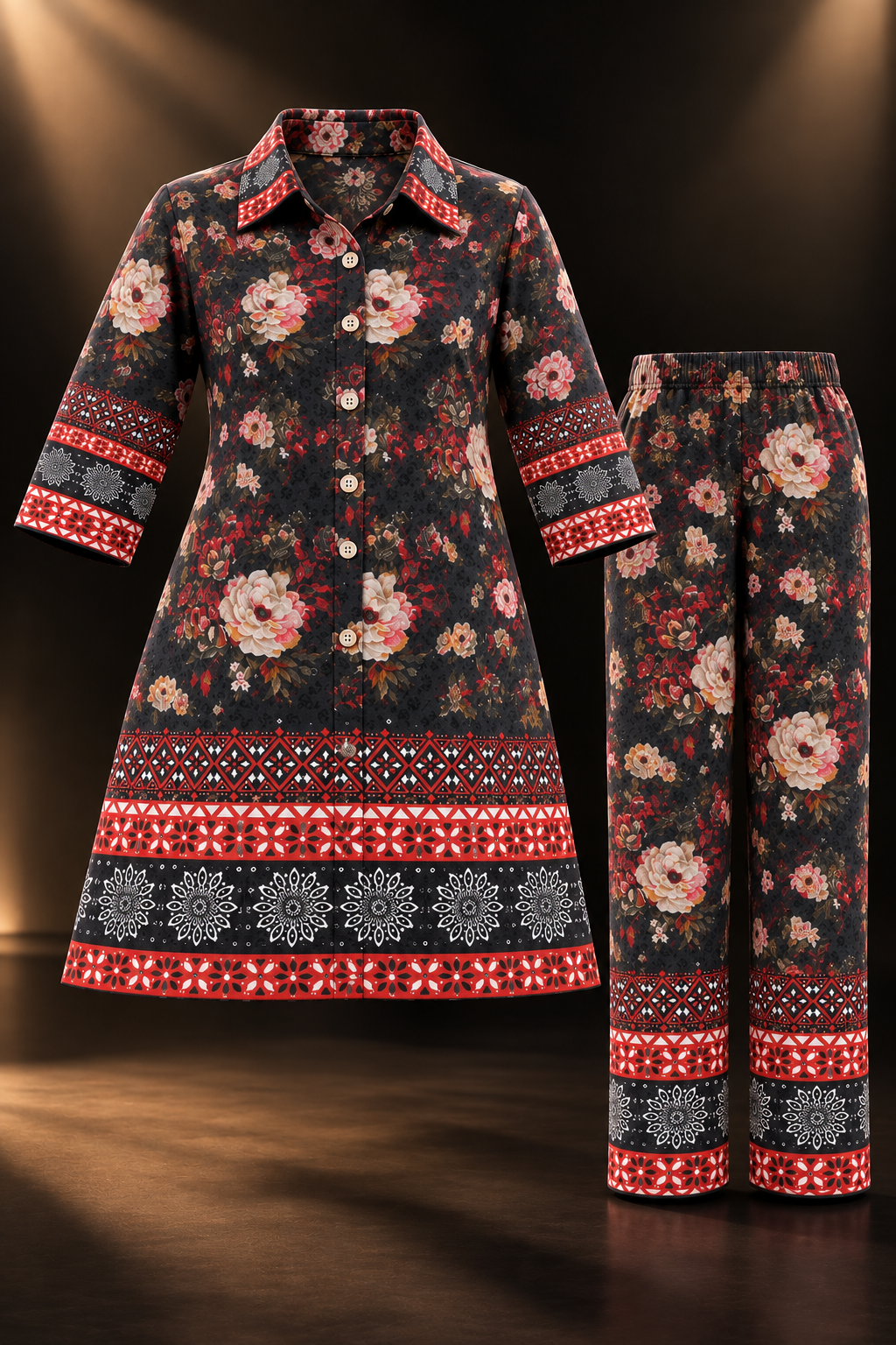 Black Floral Cotton Embroidered Kurti Set with Hakoba Detailing