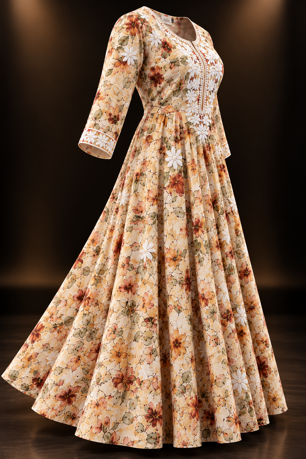 Cream Floral Embroidered Pure Cotton Anarkali Kurti for Women