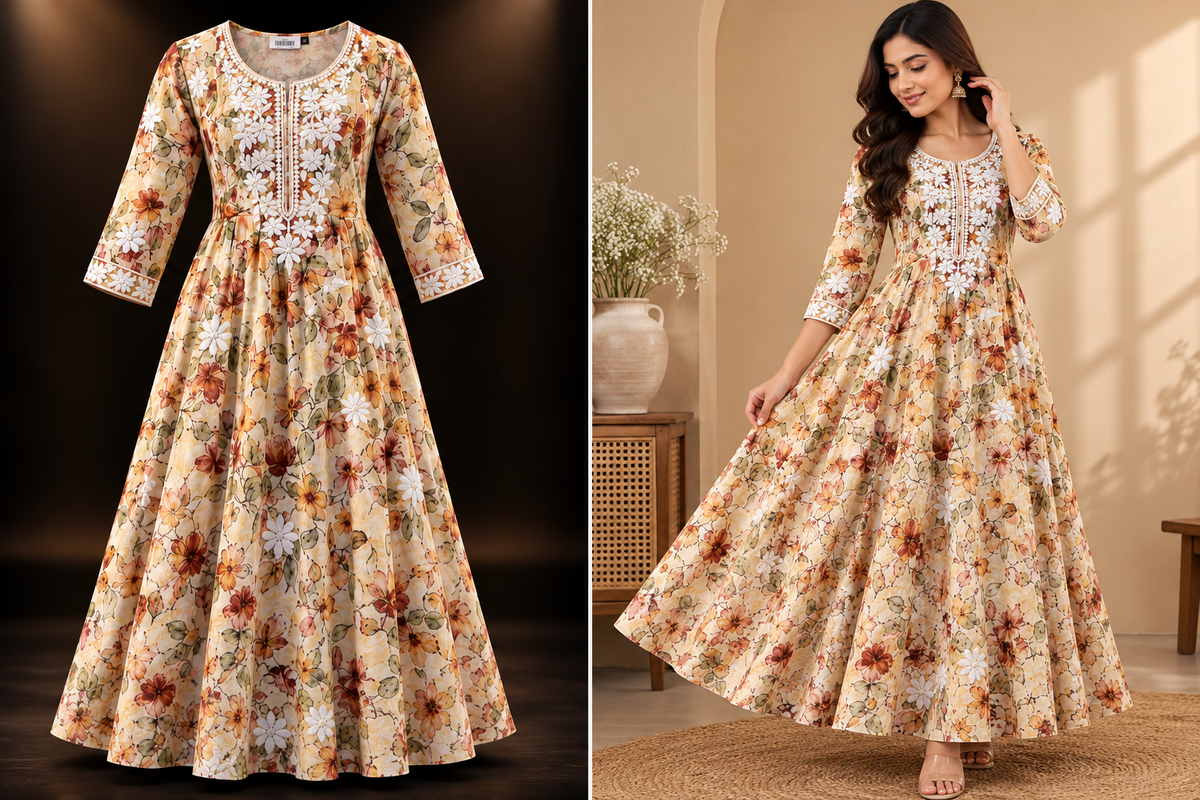 Cream Floral Embroidered Pure Cotton Anarkali Kurti for Women