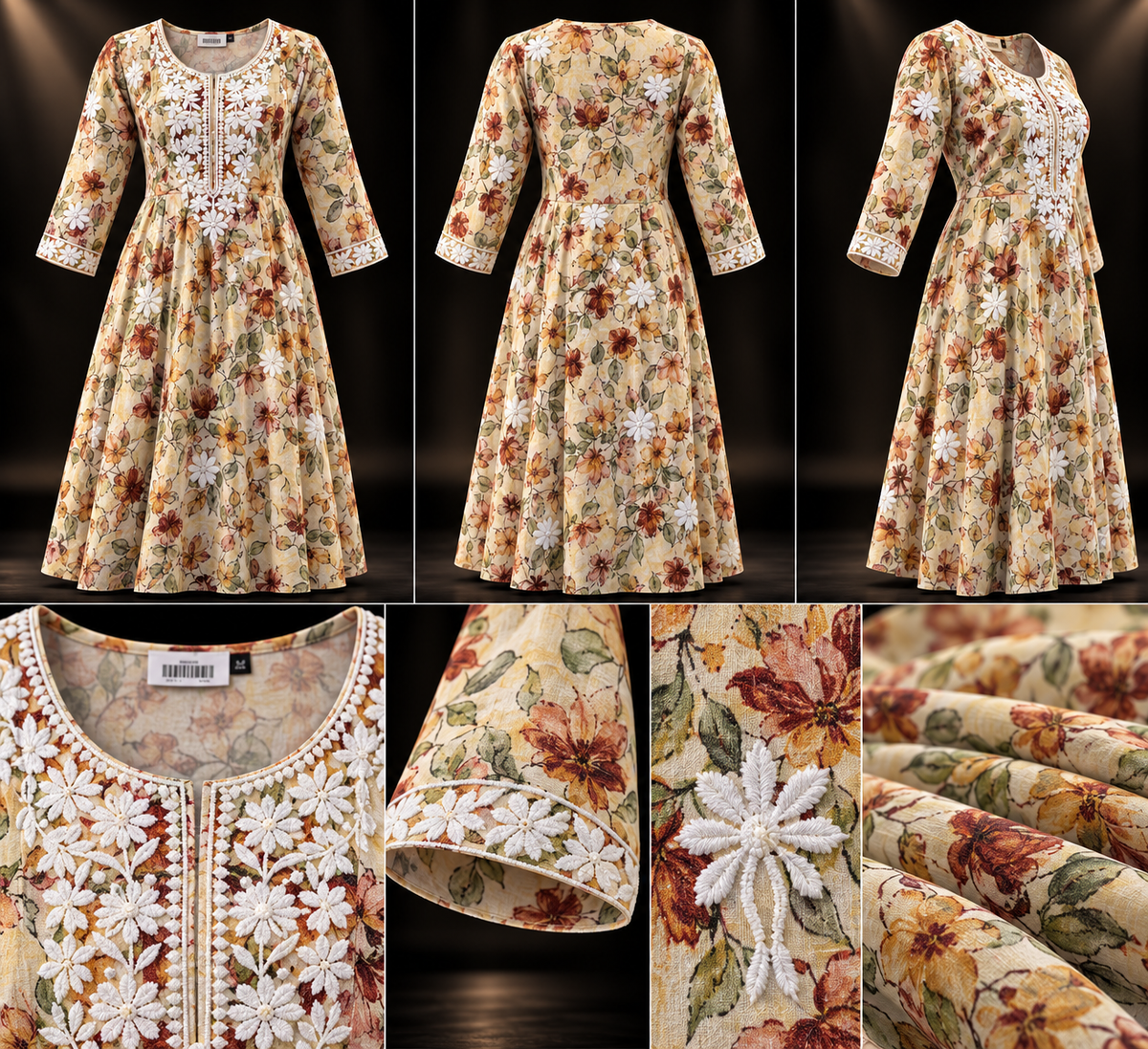 Cream Floral Embroidered Pure Cotton Anarkali Kurti for Women