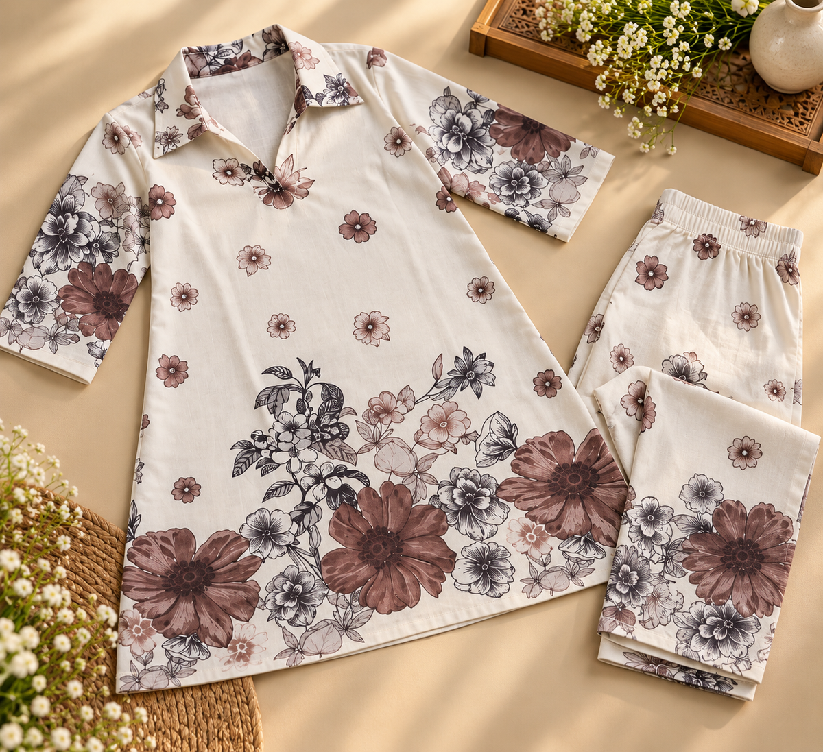 Cream Floral Printed Linen Cotton Co-Ord Set for Women