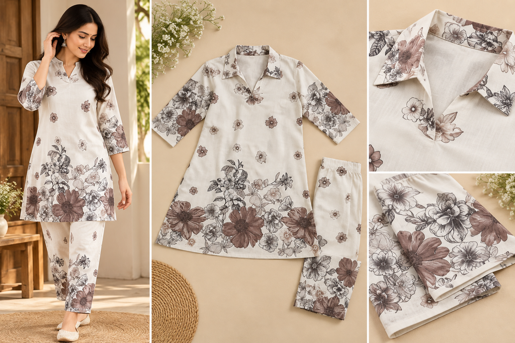 Cream Floral Printed Linen Cotton Co-Ord Set for Women