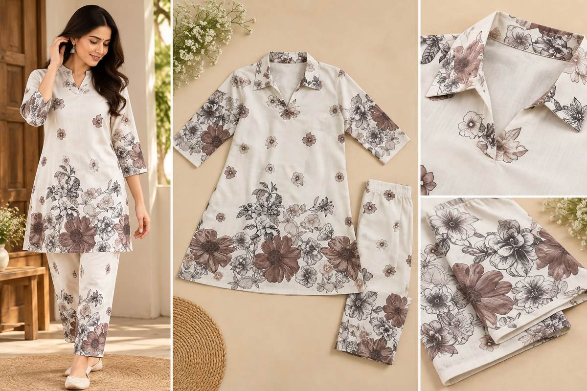 Cream Floral Printed Linen Cotton Co-Ord Set for Women