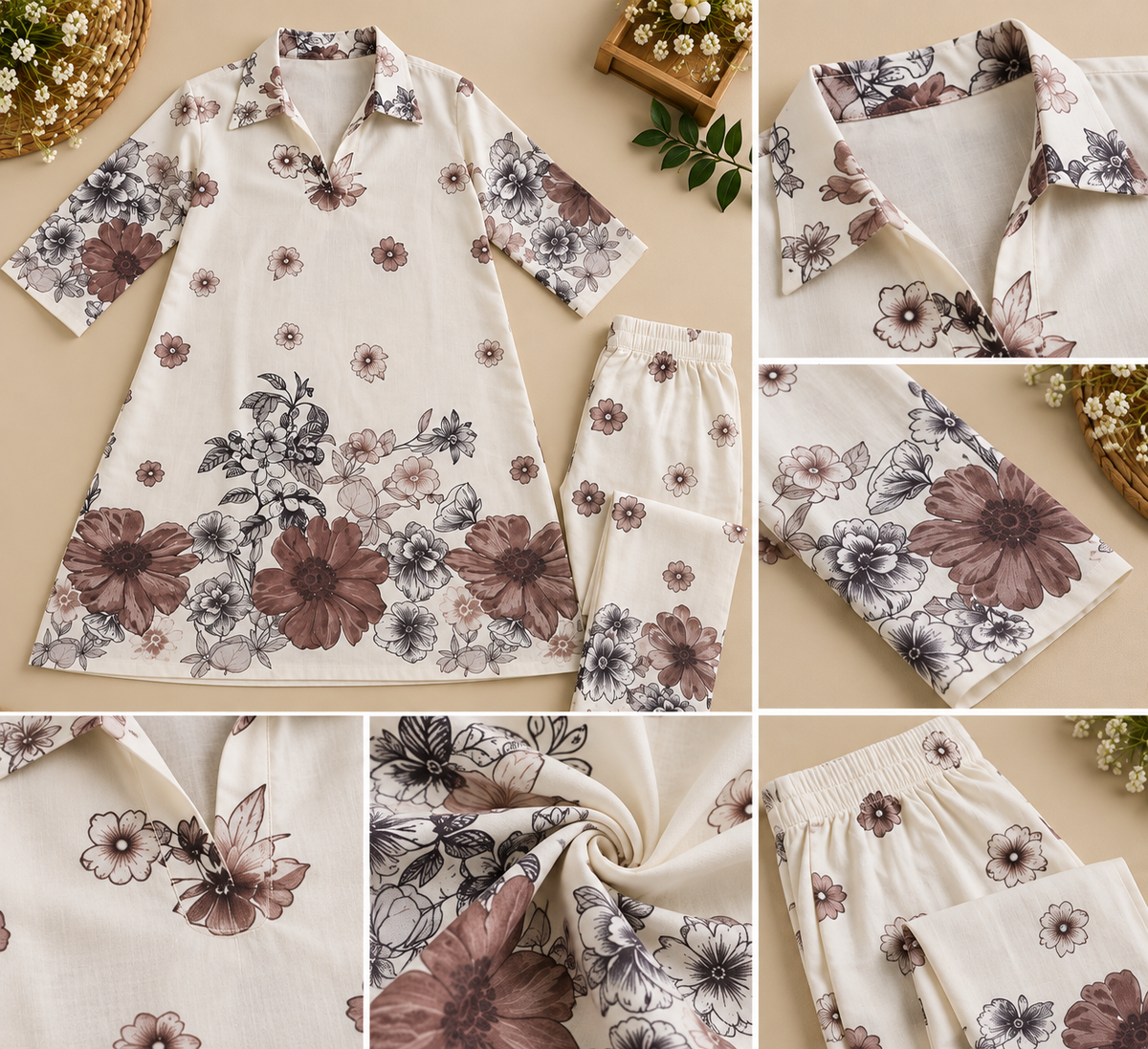 Cream Floral Printed Linen Cotton Co-Ord Set for Women