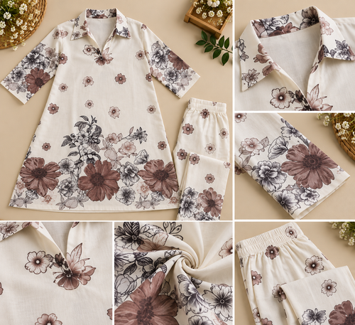 Cream Floral Printed Linen Cotton Co-Ord Set for Women