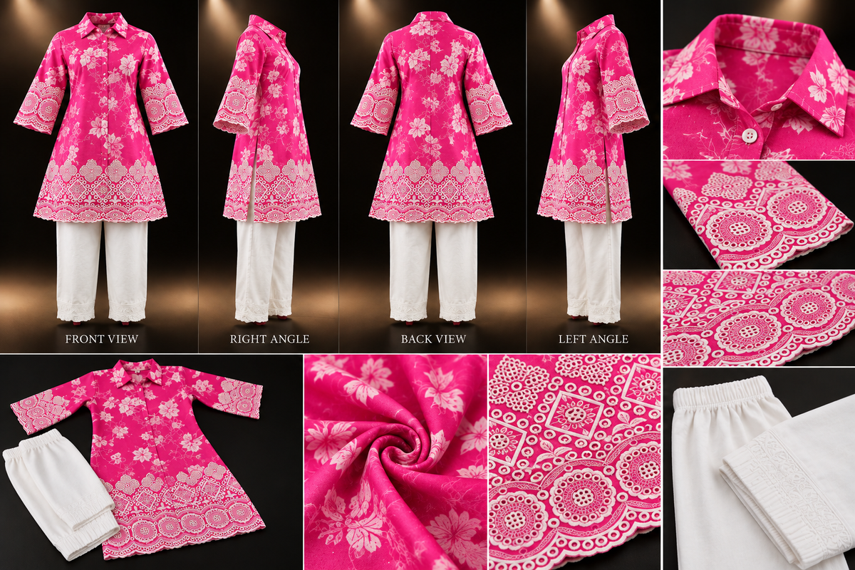 Pink Floral Muslin Co-Ord Set with Hakoba Work for Women