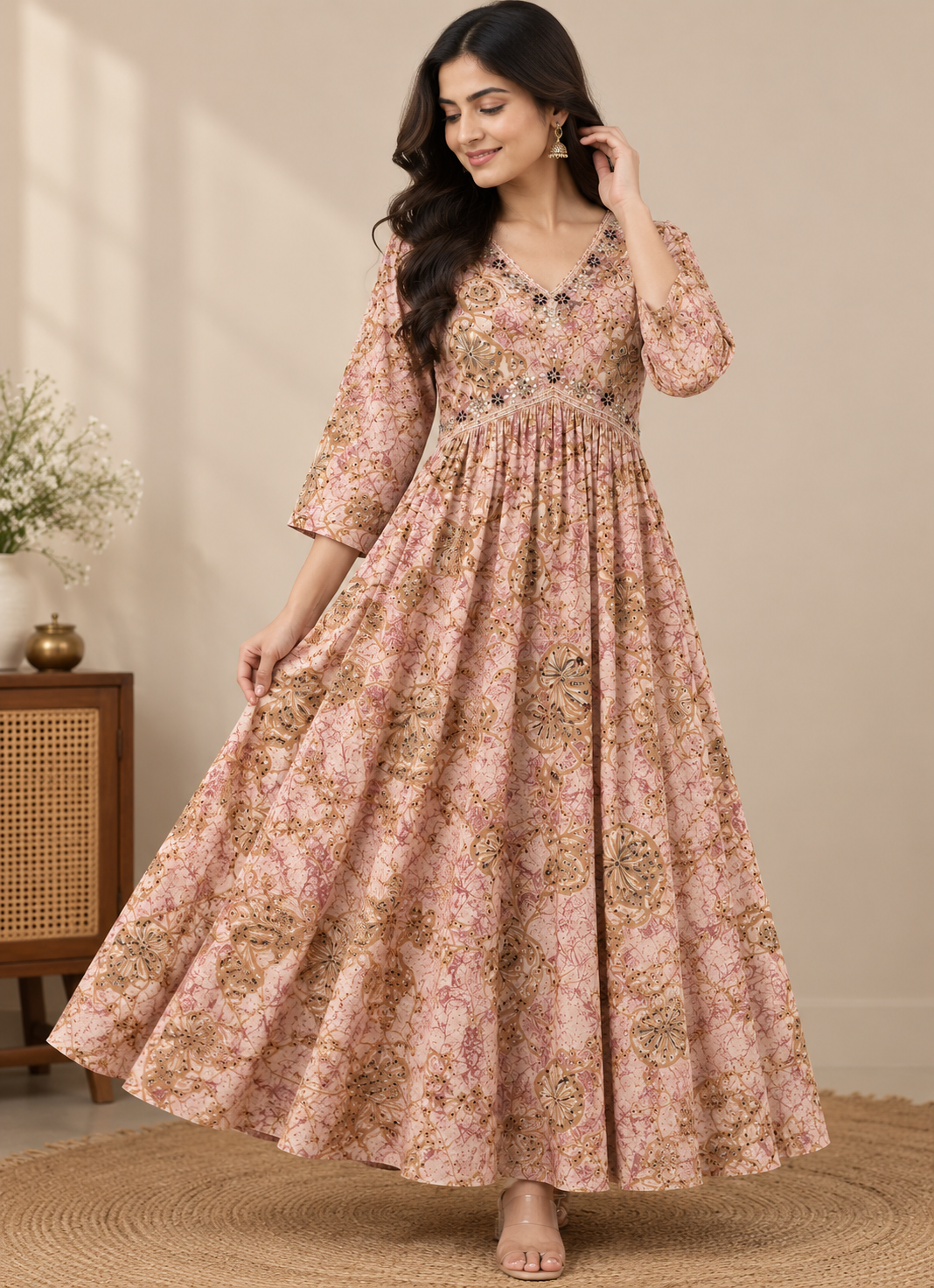 Dusty Pink Floral Printed Anarkali Kurti for Women