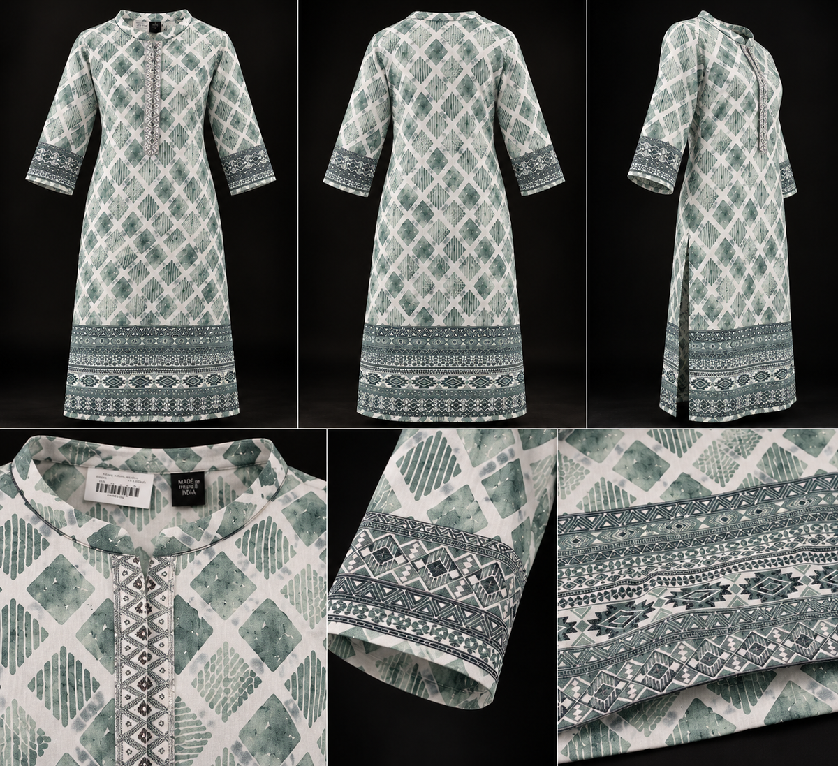 Sage Green & Ivory Geometric Printed Kurti for Women