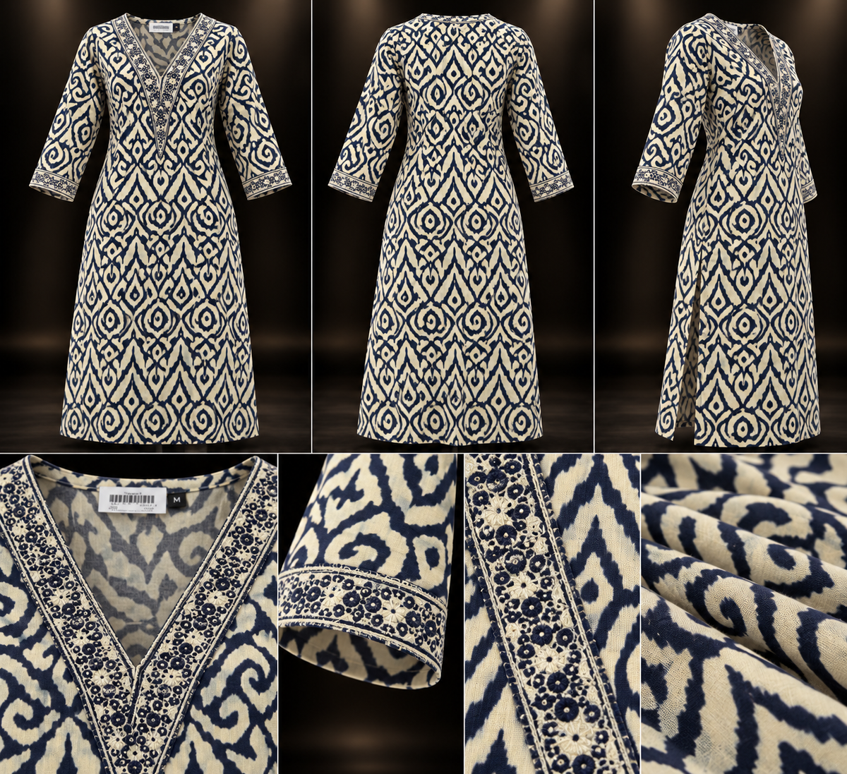 Navy Blue & Cream Printed Rayon Kurti for Women
