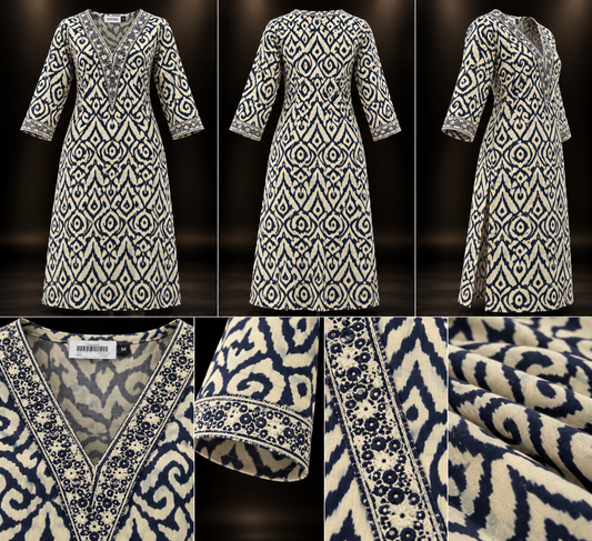 Navy Blue & Cream Printed Rayon Kurti for Women