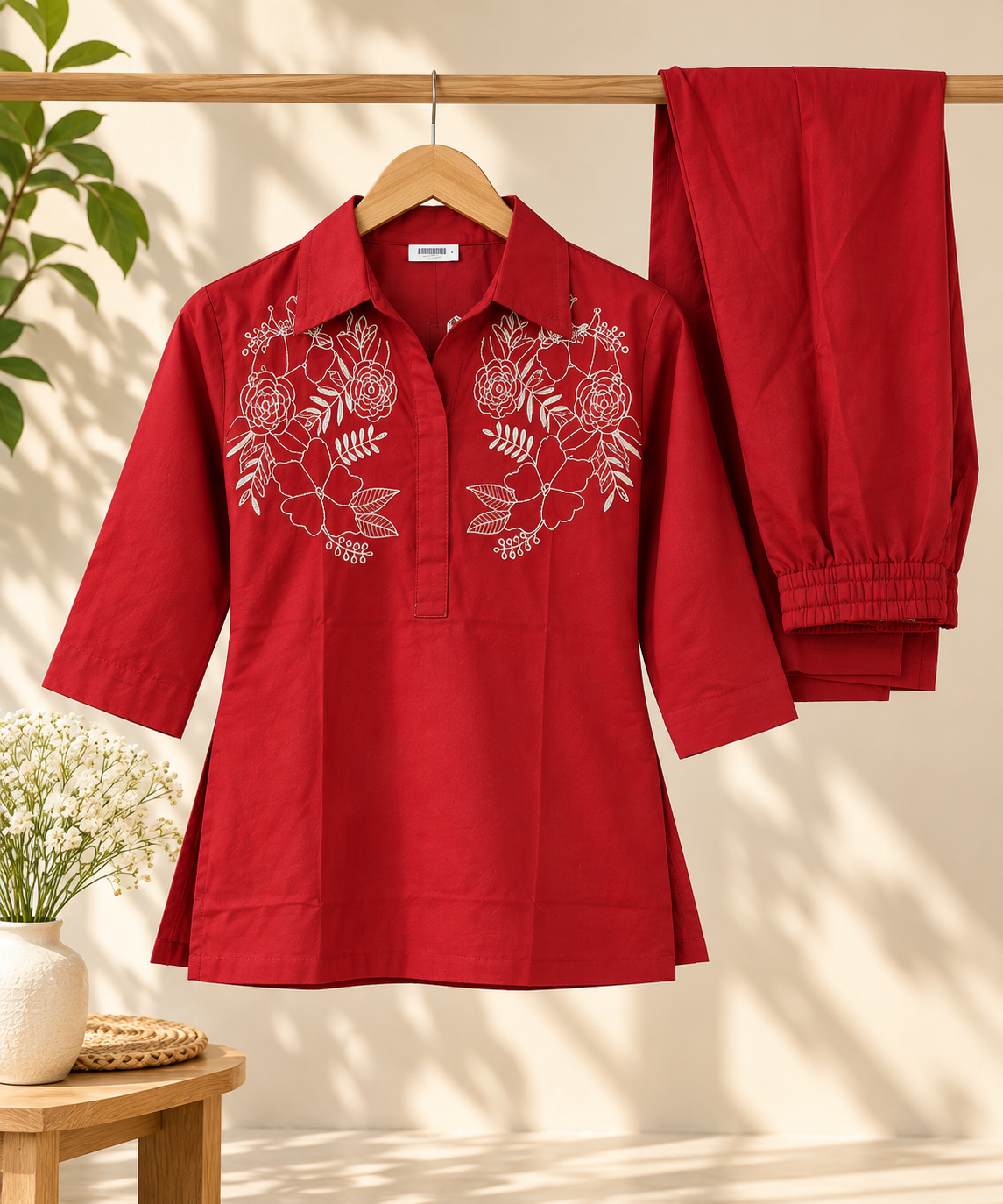 Elegant Maroon Floral Embroidered Co-Ord Set for Women