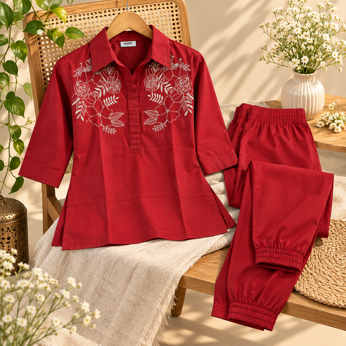Elegant Maroon Floral Embroidered Co-Ord Set for Women