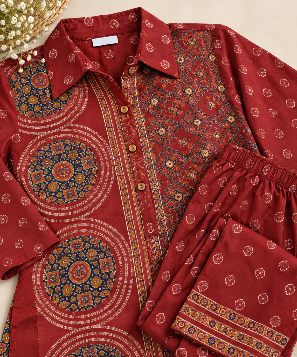 Maroon Printed Pure Crepe Co-Ord Set for Women