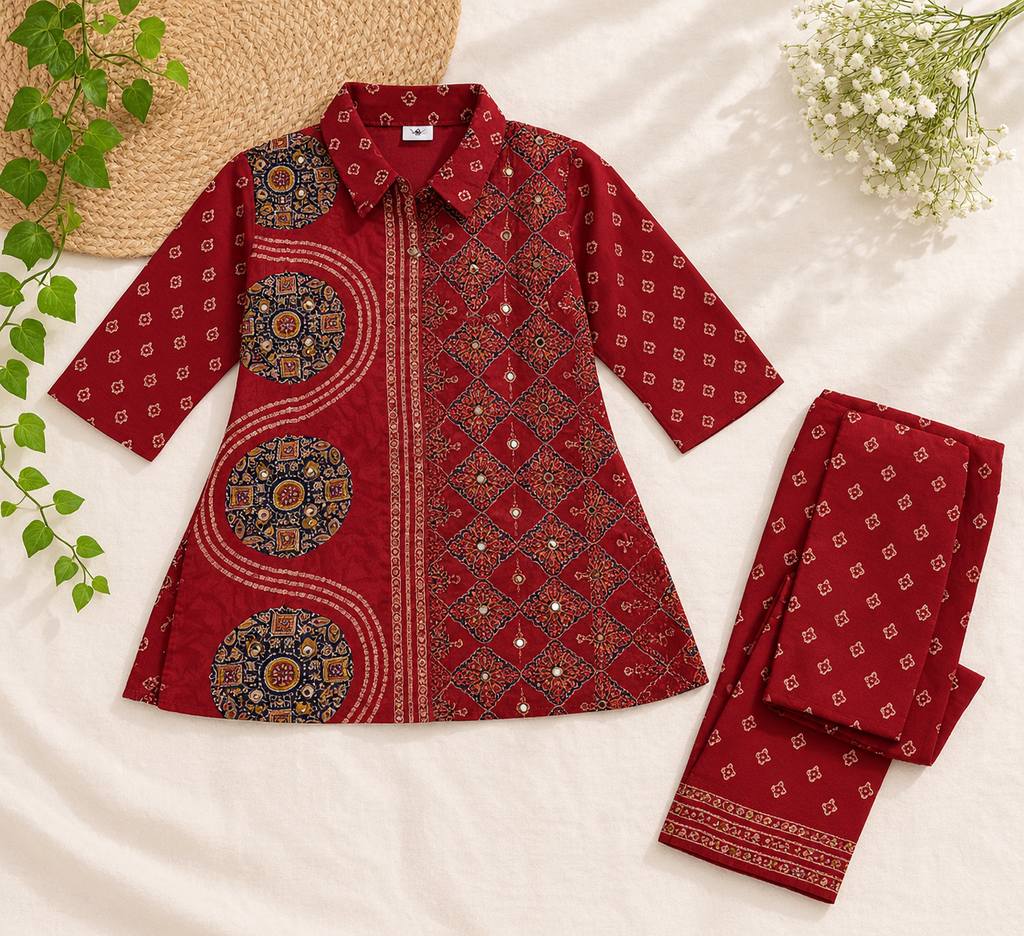 Maroon Printed Pure Crepe Co-Ord Set for Women