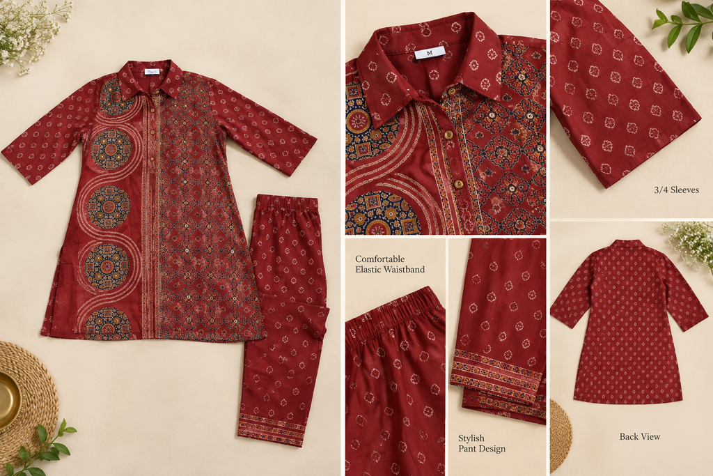 Maroon Printed Pure Crepe Co-Ord Set for Women