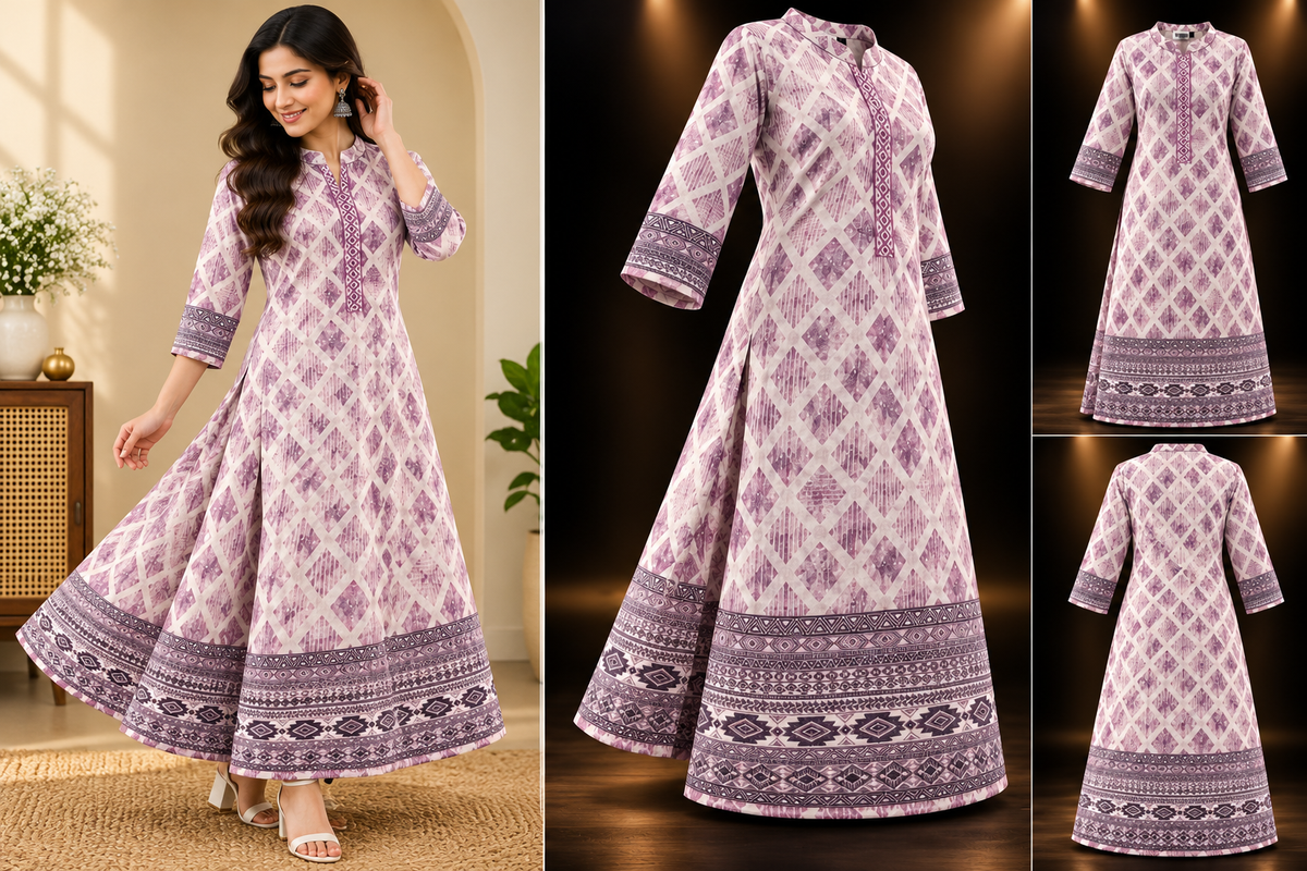 Dusty Mauve & Ivory Geometric Printed Kurti for Women