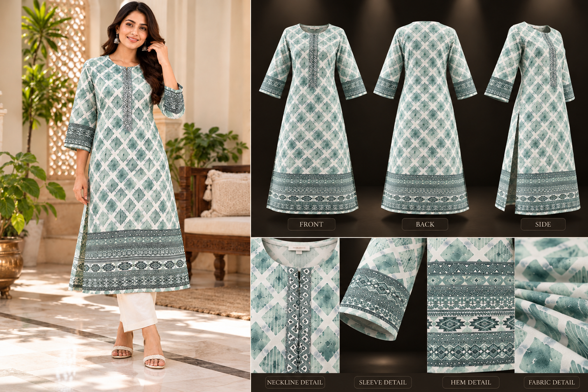 Sage Green & Ivory Geometric Printed Kurti for Women