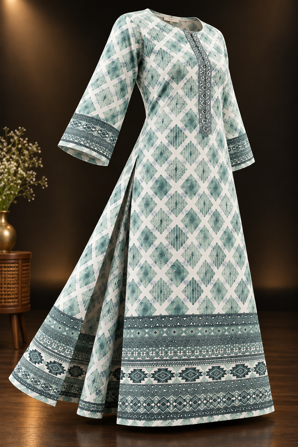 Sage Green & Ivory Geometric Printed Kurti for Women