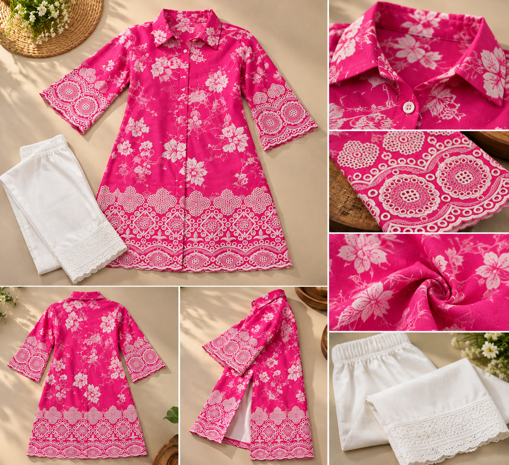 Pink Floral Muslin Co-Ord Set with Hakoba Work for Women