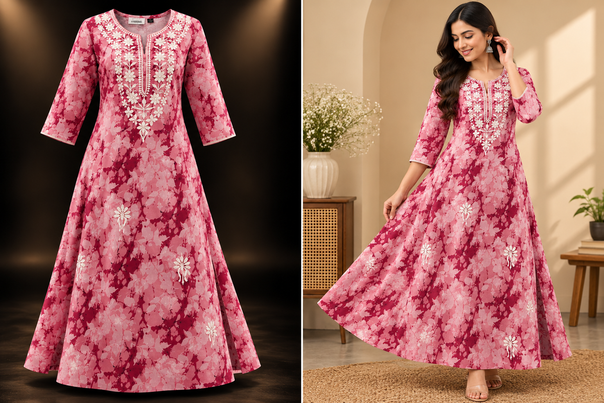 Pink & Burgundy Floral Printed Pure Cotton Kurti for Women
