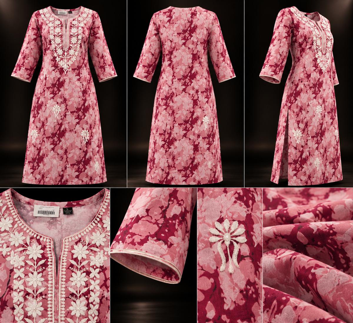 Pink & Burgundy Floral Printed Pure Cotton Kurti for Women
