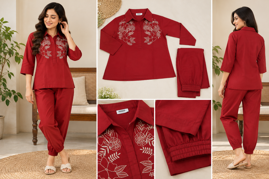 Elegant Maroon Floral Embroidered Co-Ord Set for Women