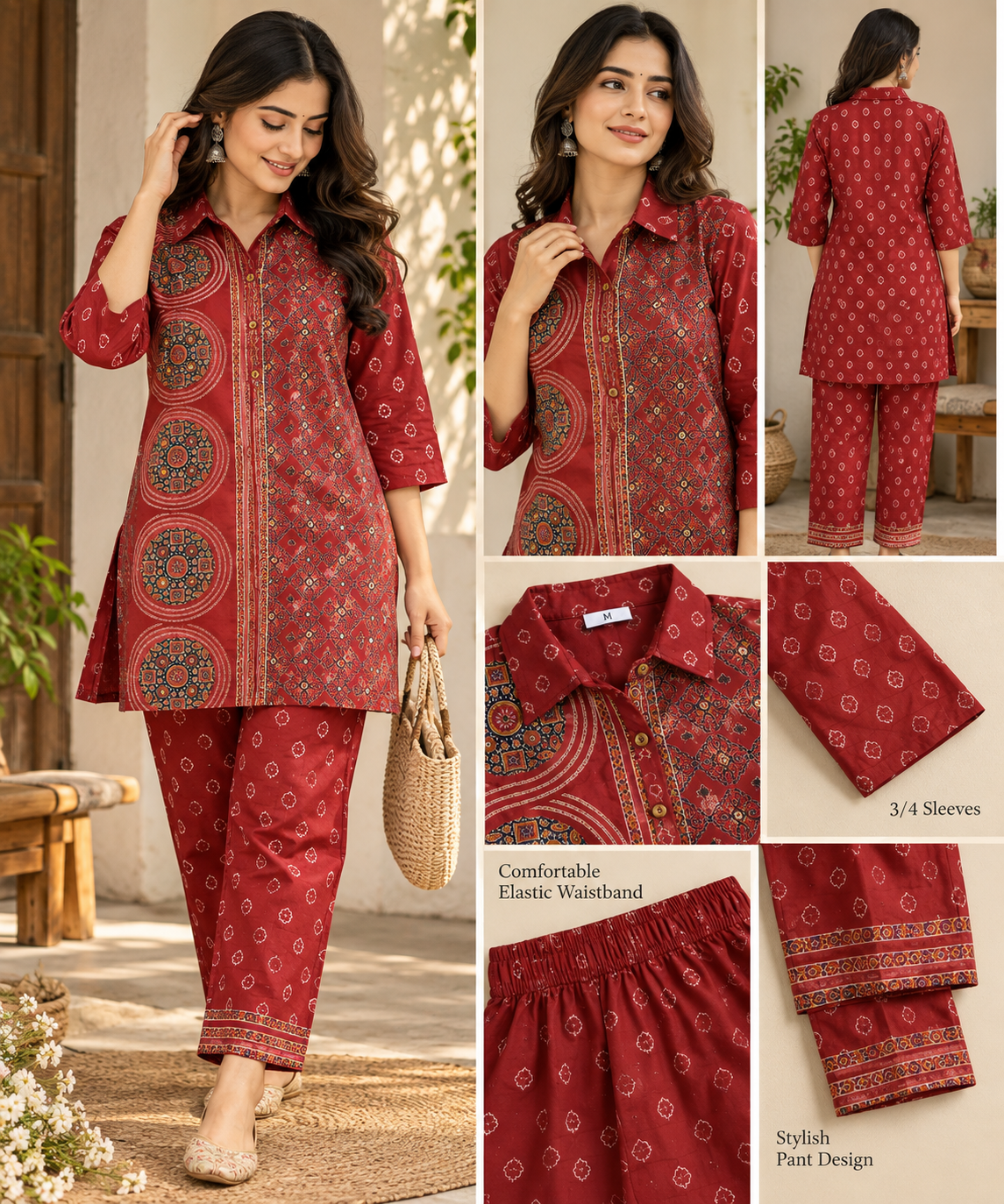 Maroon Printed Pure Crepe Co-Ord Set for Women