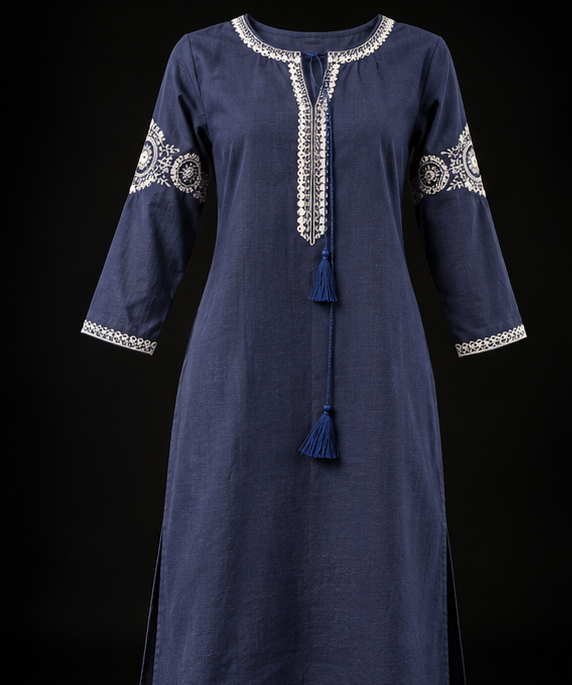 Premium Navy Blue Pure Cotton Embroidered Straight Kurti for Women