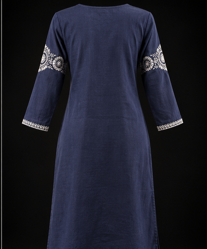 Premium Navy Blue Pure Cotton Embroidered Straight Kurti for Women
